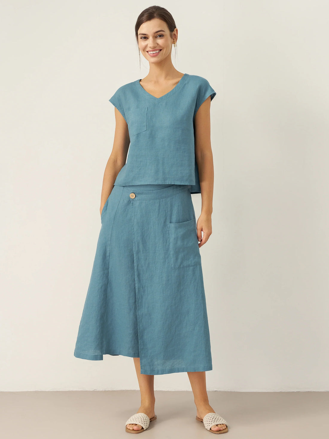 100% Linen V-Neck Cap Sleeve Shirt
