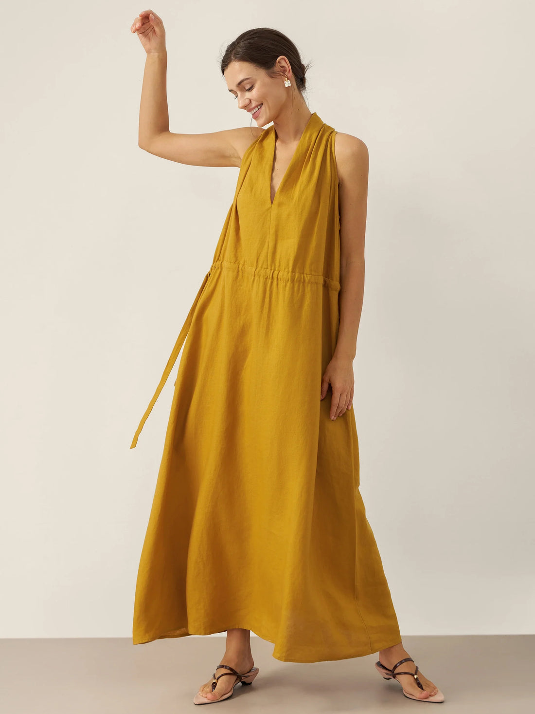 100% Linen Ruched Sleeveless Maxi Dress
