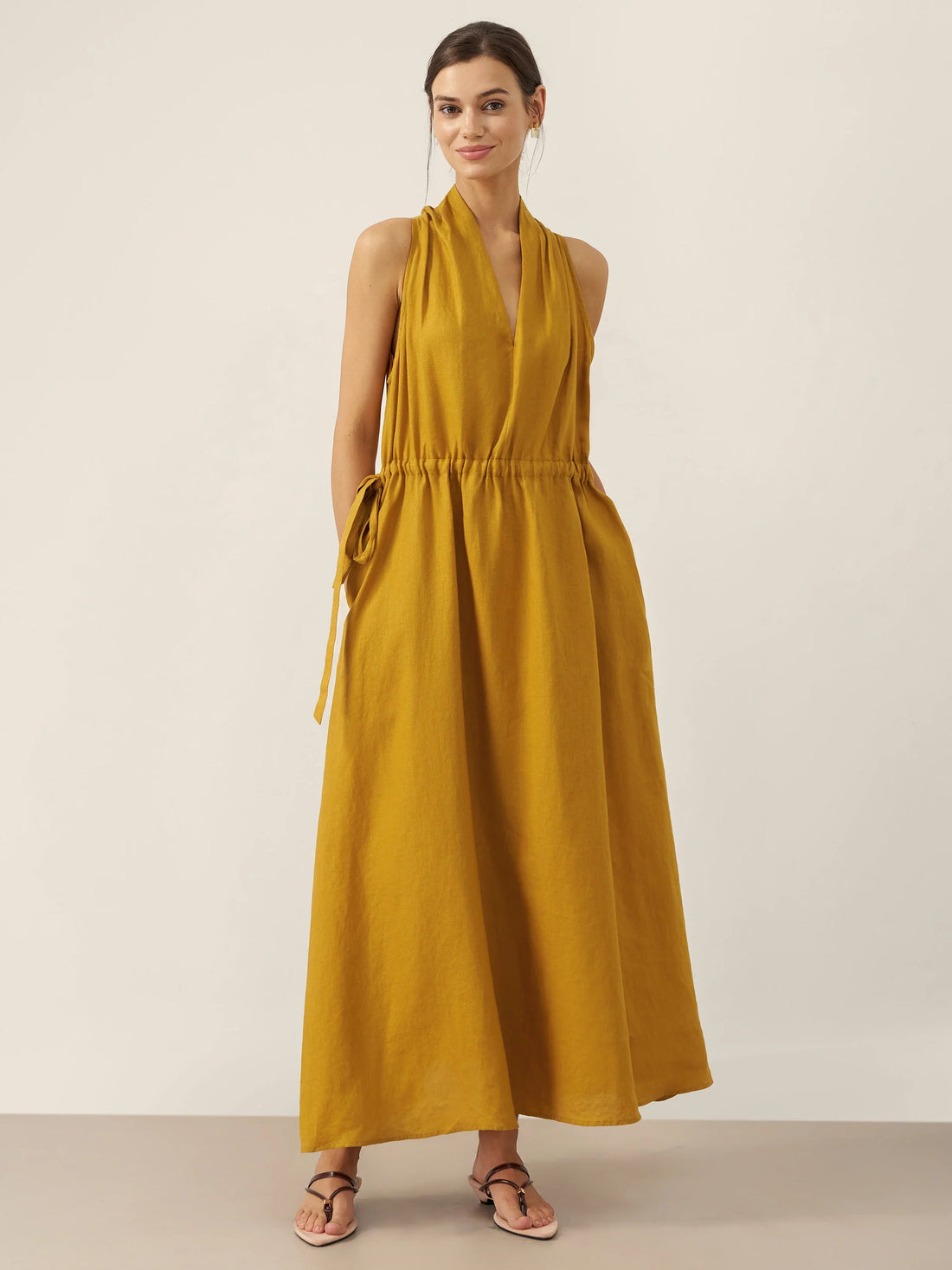 100% Linen Ruched Sleeveless Maxi Dress