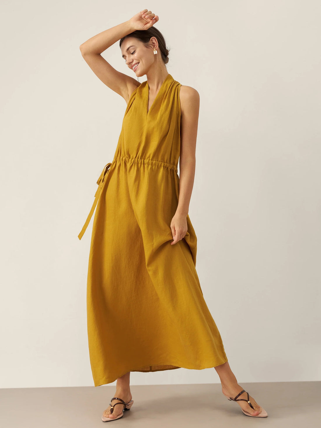 100% Linen Ruched Sleeveless Maxi Dress