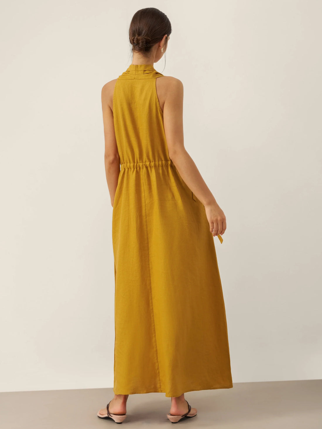 100% Linen Ruched Sleeveless Maxi Dress