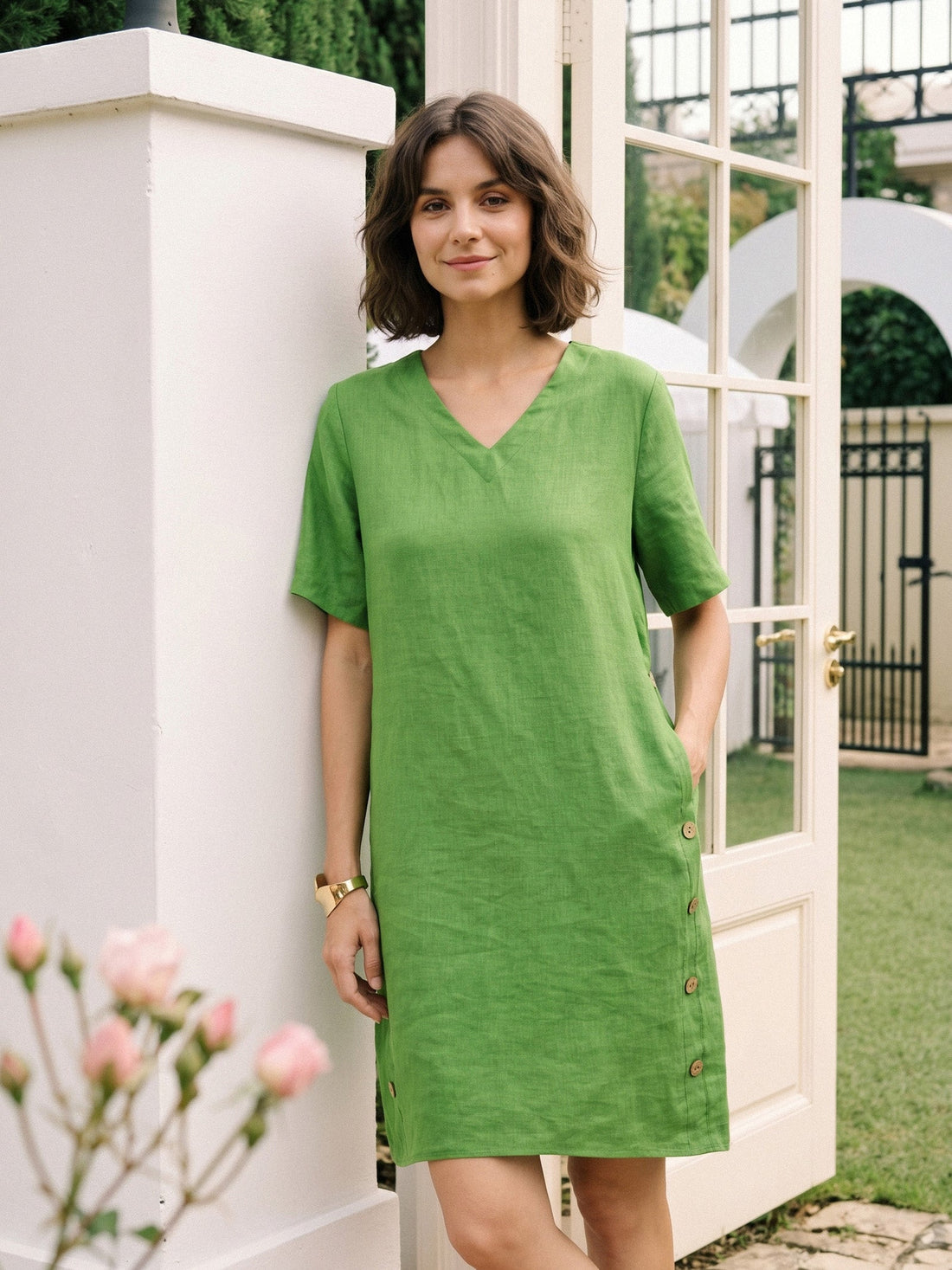100% Linen Decorative Button Mini Dress