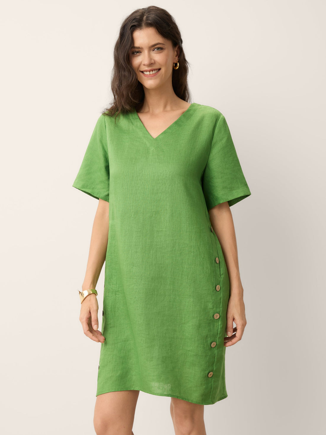 100% Linen Decorative Button Mini Dress