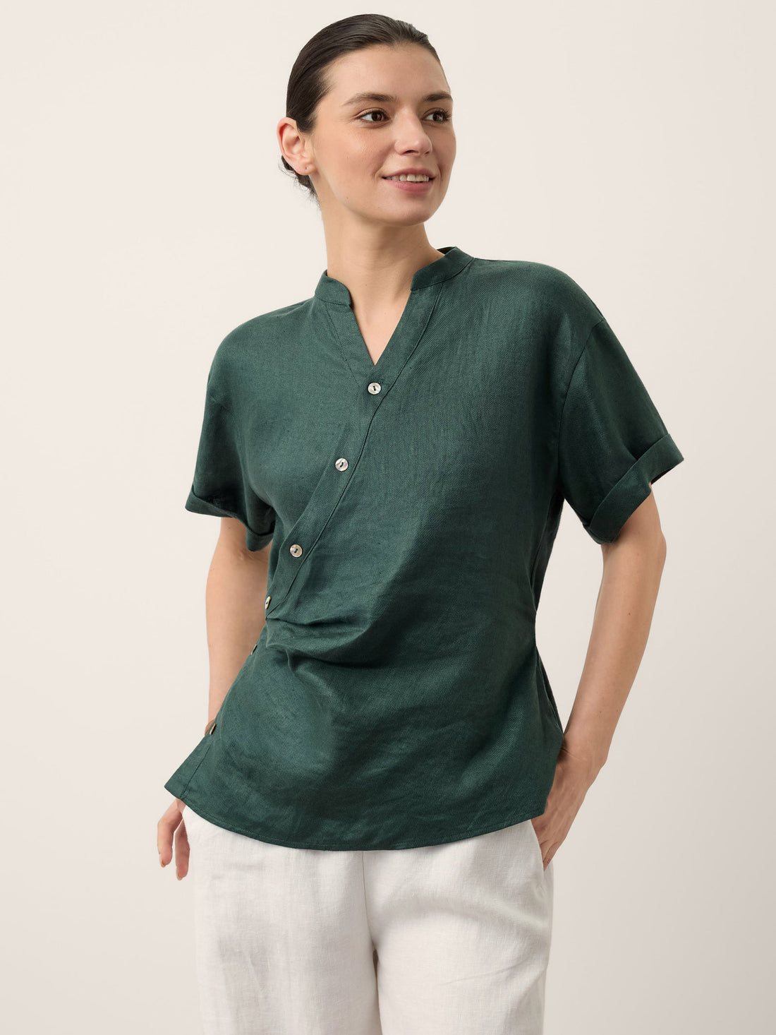 100% Linen Stand Collar Elastic Waist Shirt