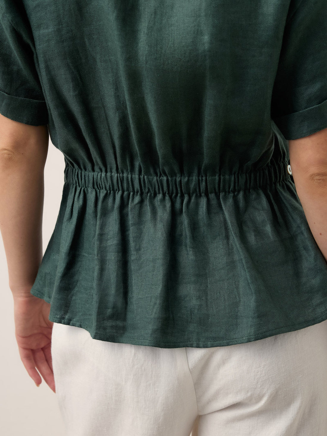 100% Linen Stand Collar Elastic Waist Shirt