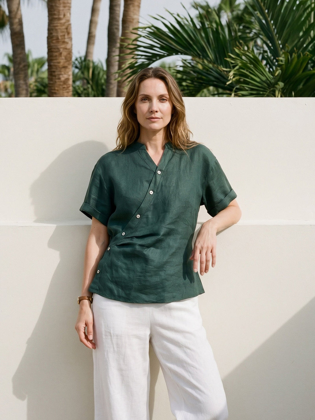 100% Linen Stand Collar Elastic Waist Shirt