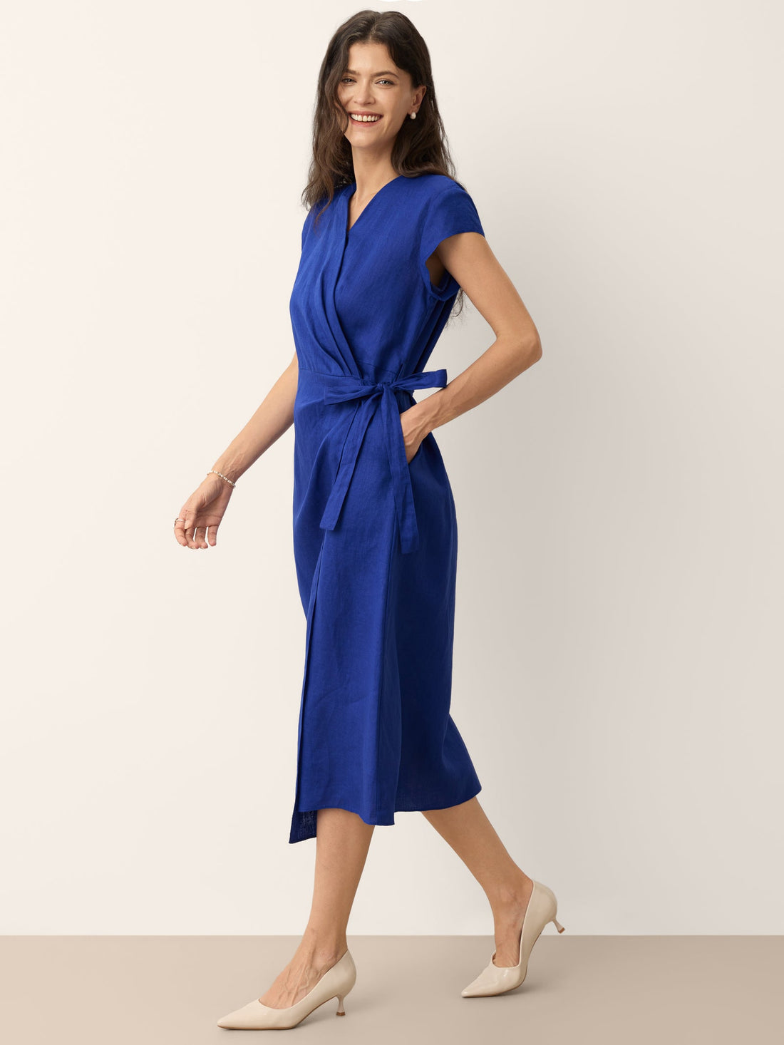 100% Linen Wrap-Tie Cap-Sleeve Midi Dress
