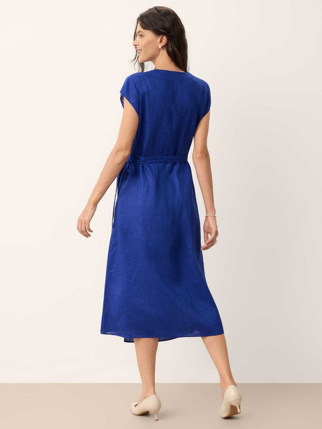 100% Linen Wrap-Tie Cap-Sleeve Midi Dress