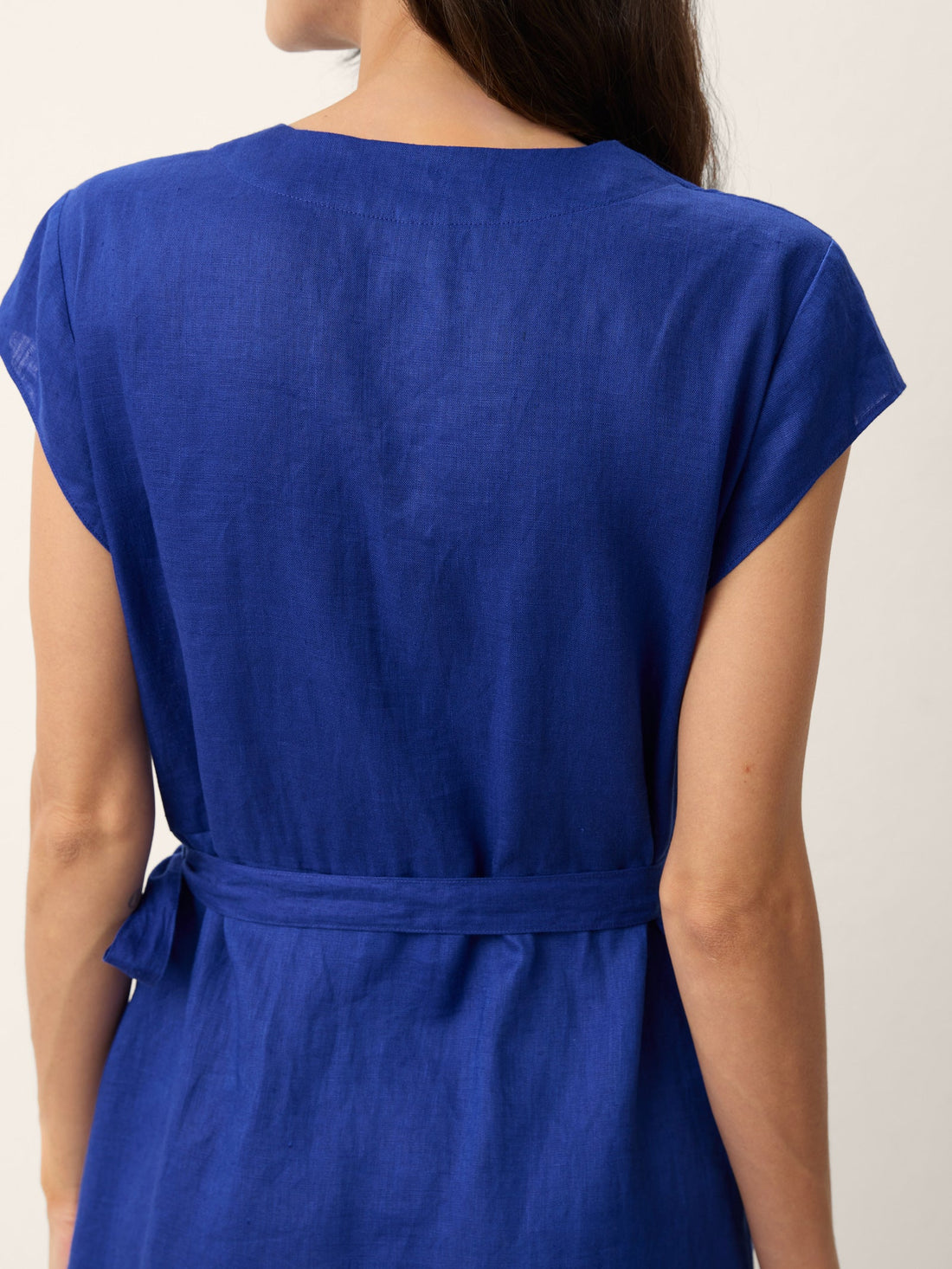 100% Linen Wrap-Tie Cap-Sleeve Midi Dress