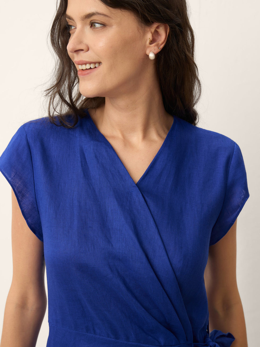 100% Linen Wrap-Tie Cap-Sleeve Midi Dress