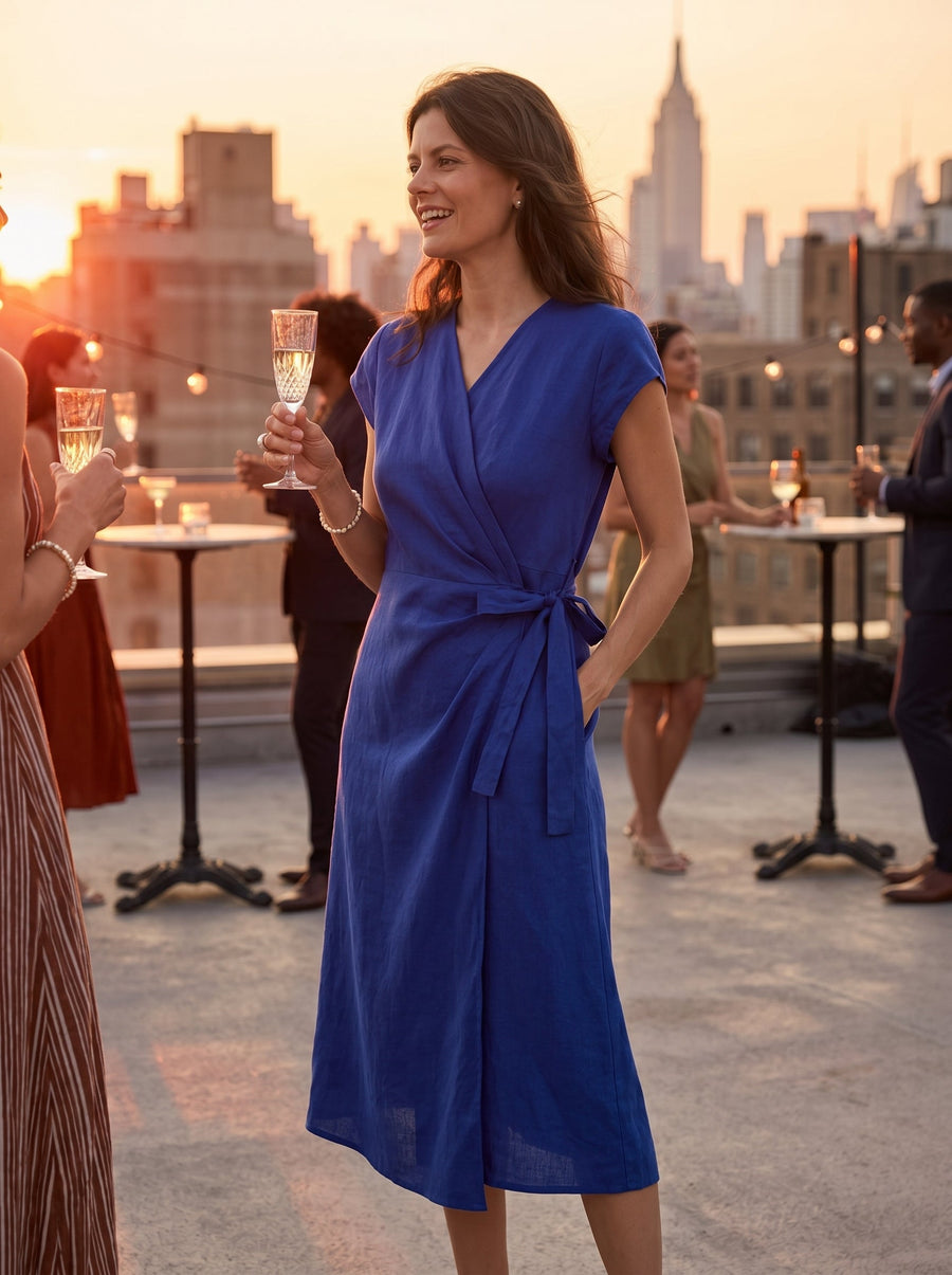 100% Linen Wrap-Tie Cap-Sleeve Midi Dress