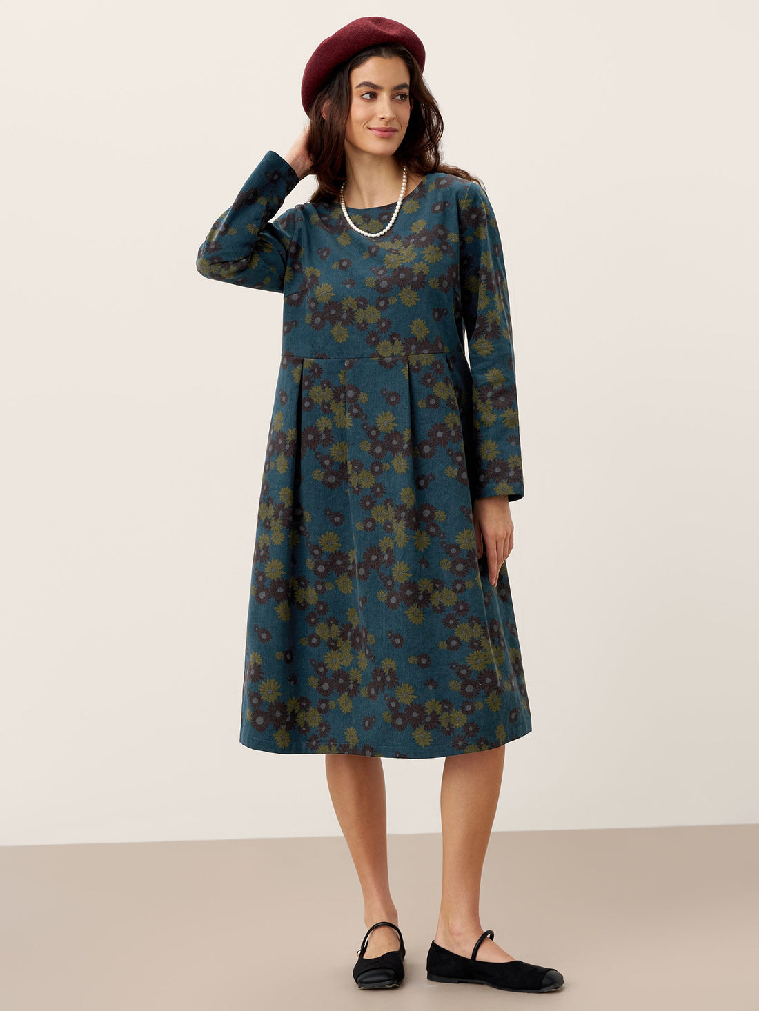 100% Cotton Pleated Long-Sleeve Midi Dress