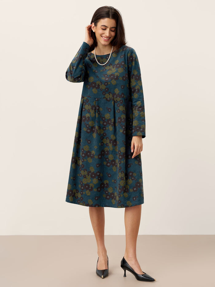 100% Cotton Pleated Long-Sleeve Midi Dress