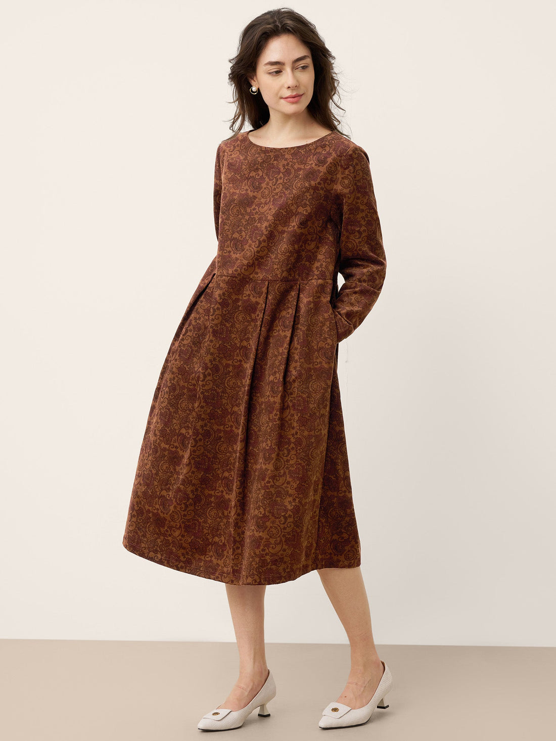 100% Cotton Pleated Long-Sleeve Midi Dress