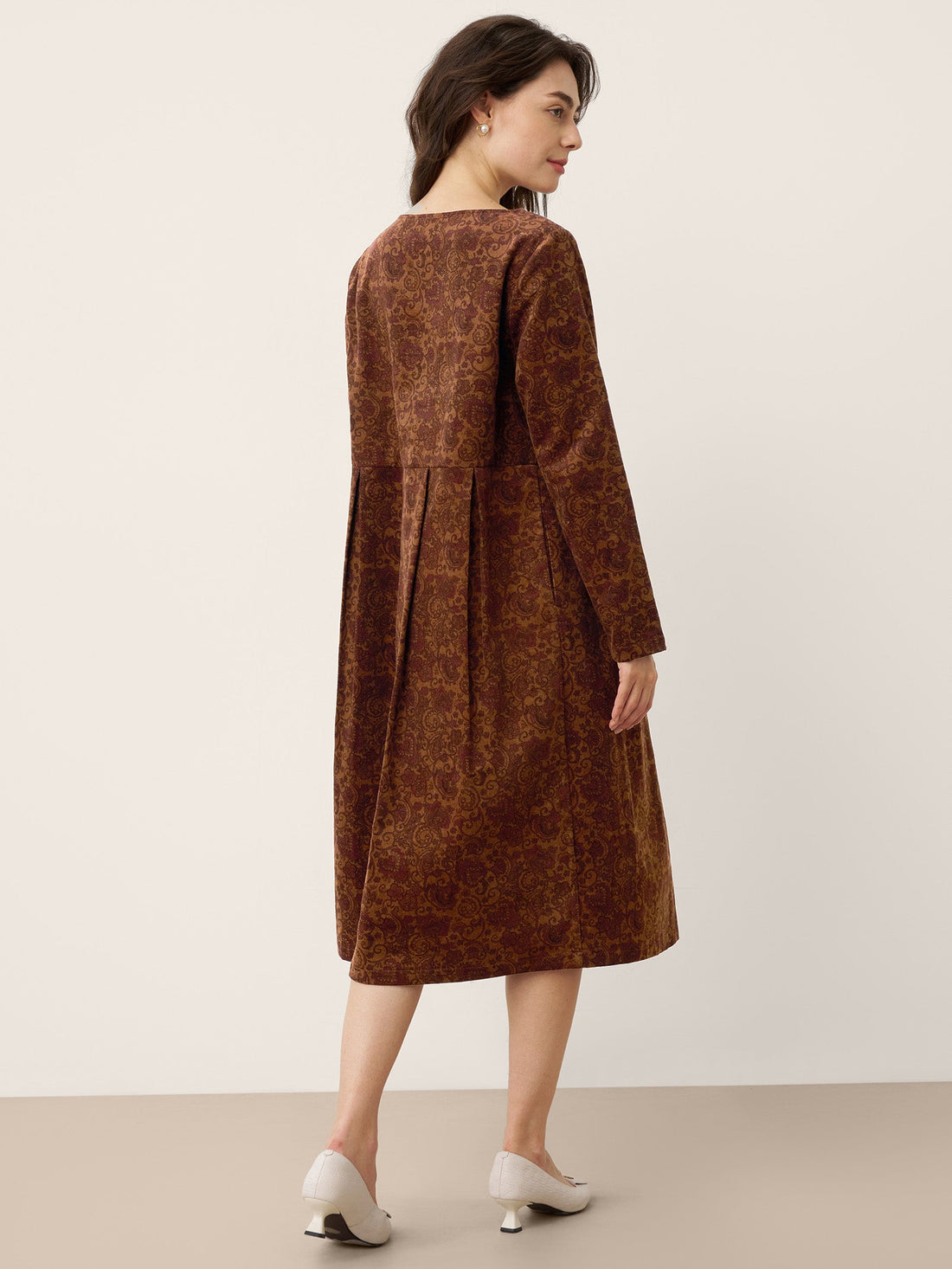 100% Cotton Pleated Long-Sleeve Midi Dress