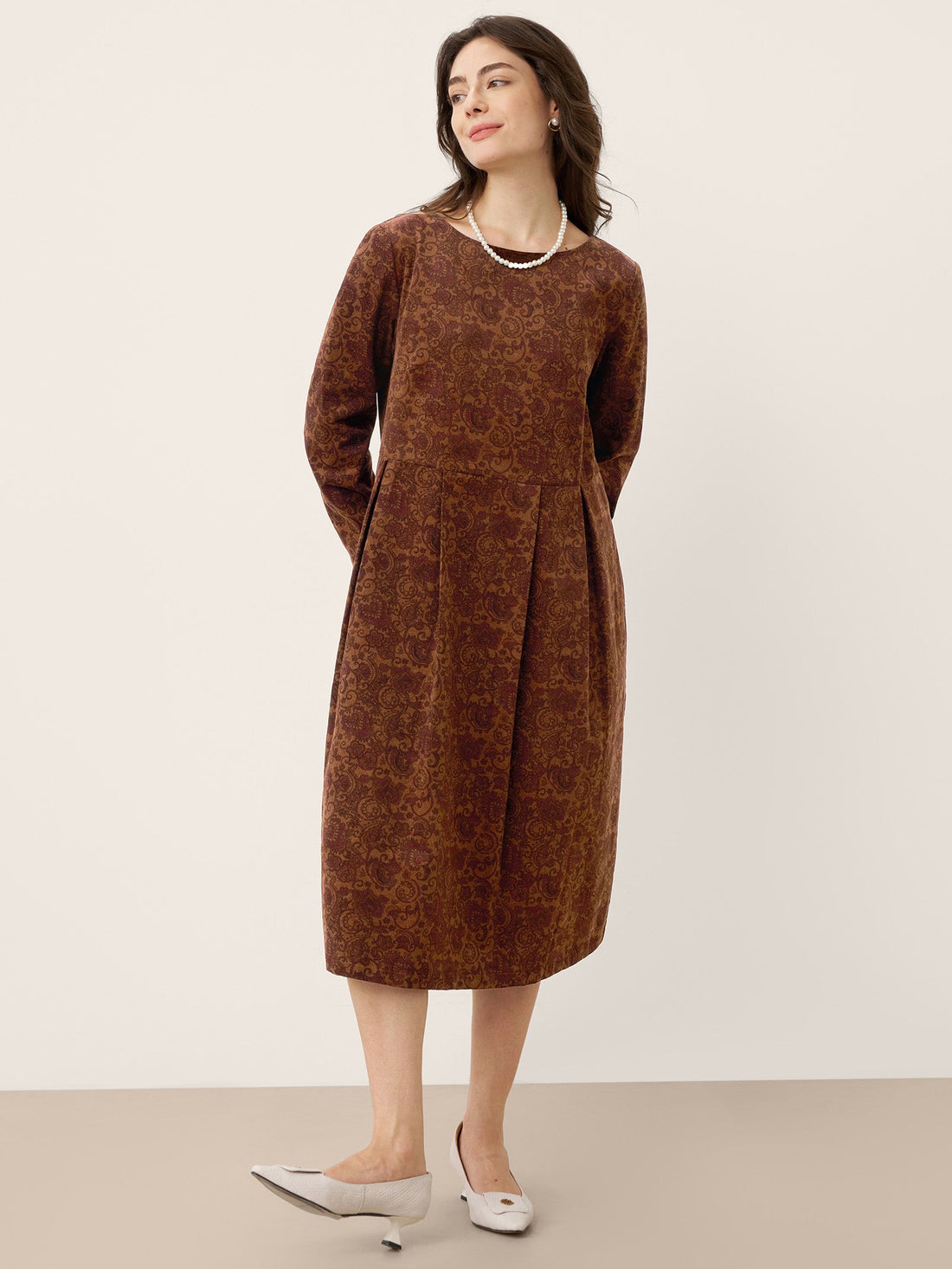 100% Cotton Pleated Long-Sleeve Midi Dress