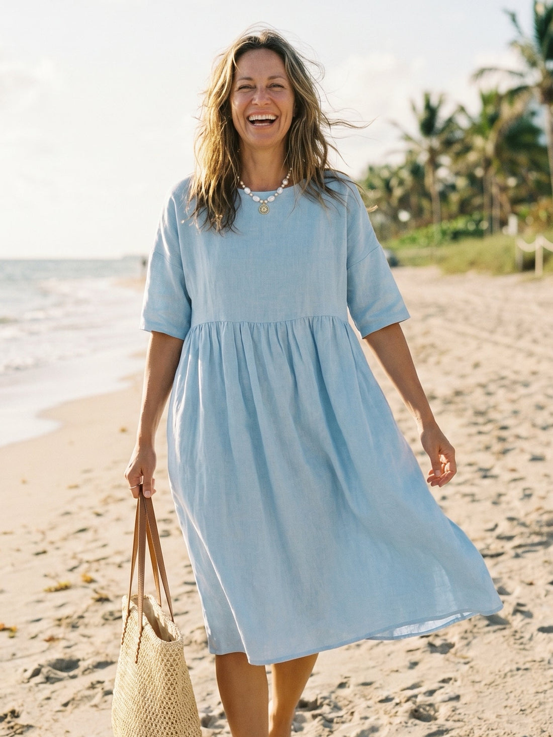 100% Linen Ruched Round-Neck Midi Dress