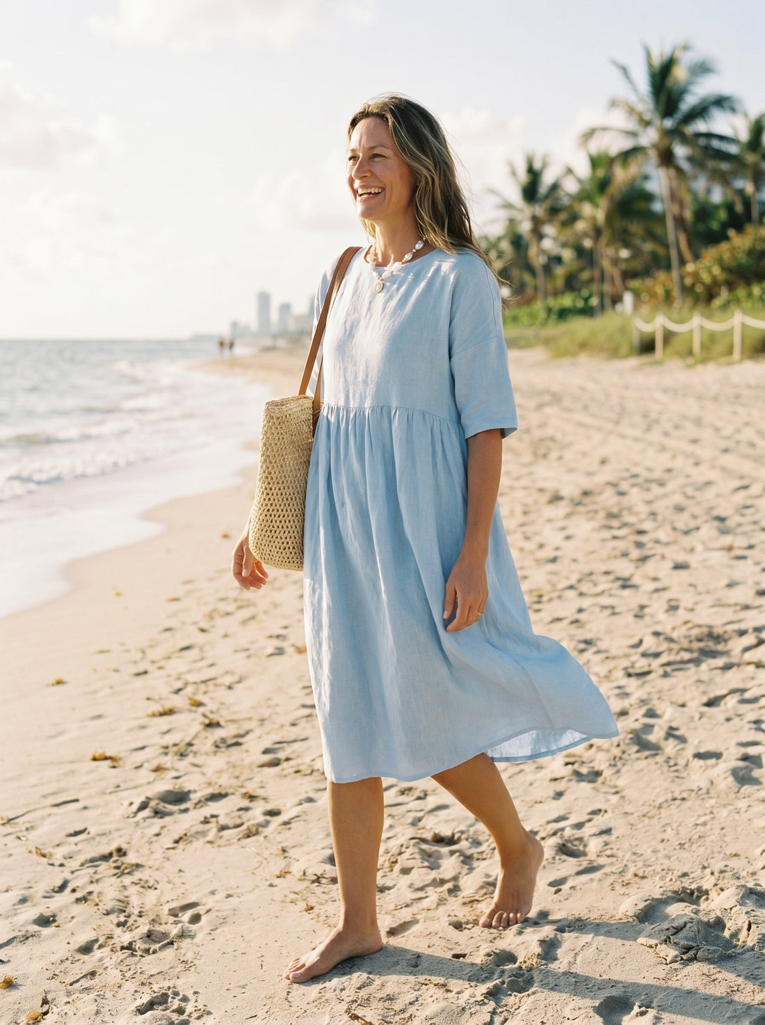 100% Linen Ruched Round-Neck Midi Dress