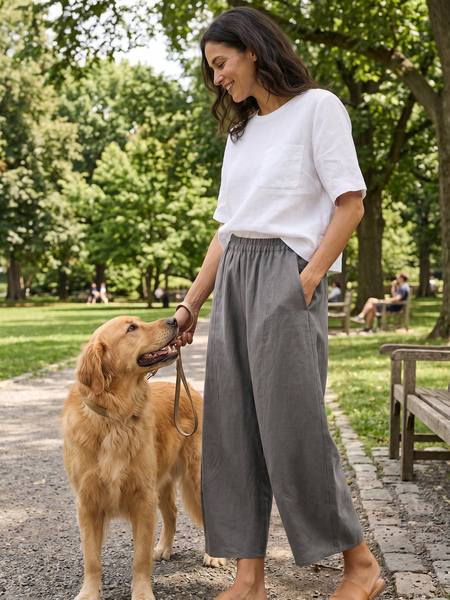 100% Linen Wide Leg Elastic Waist Pants