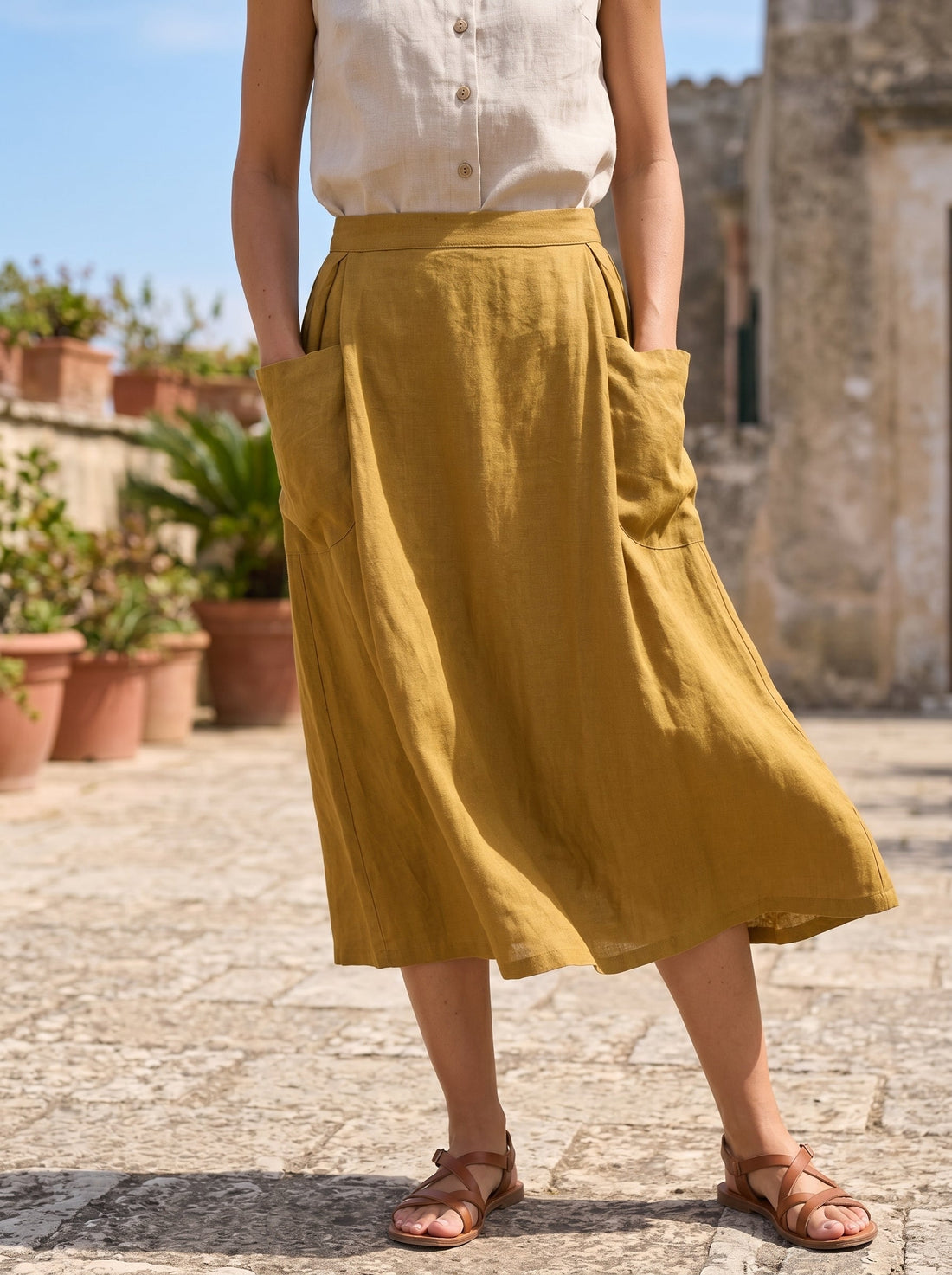 75% Linen A-Line Midi Skirt with Patch Pockets