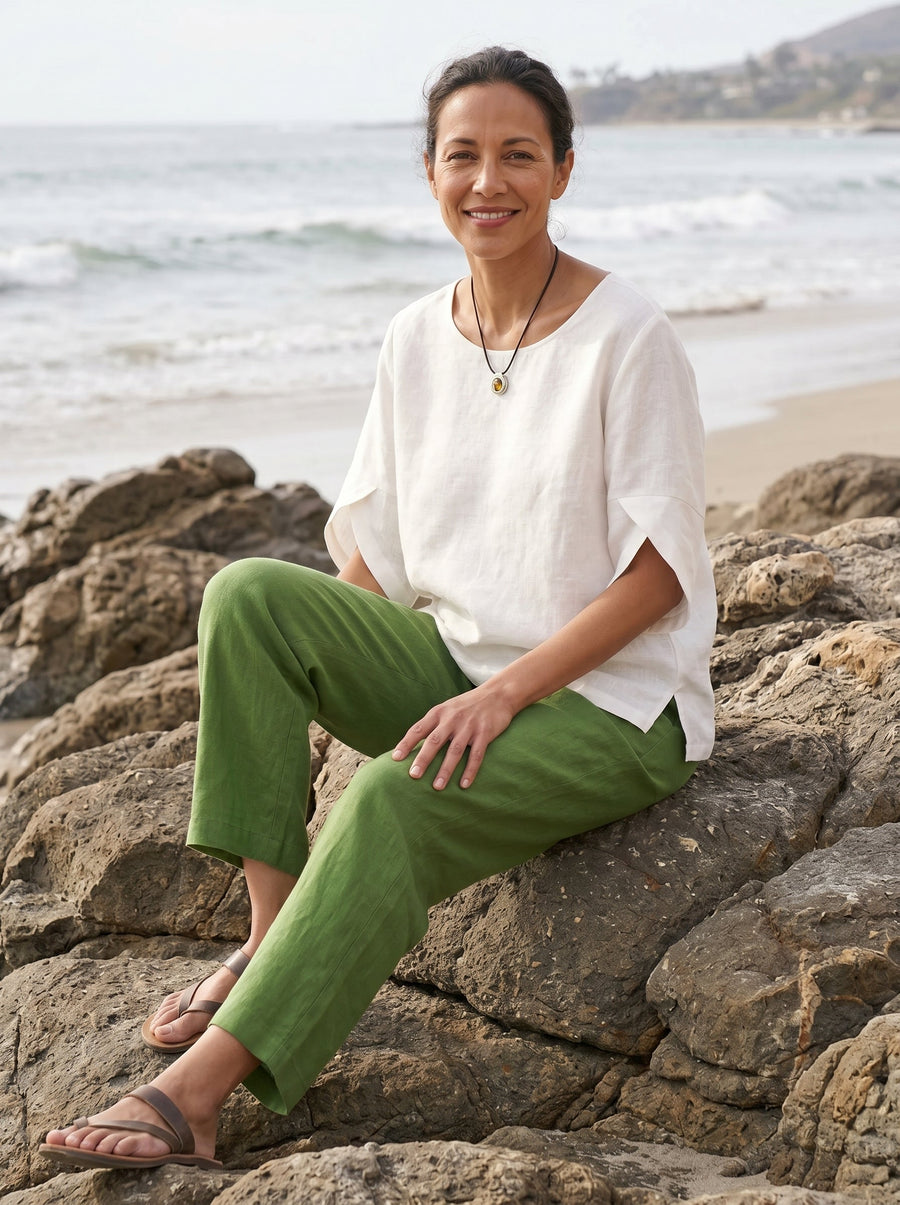 100% Linen Round Neck Petal-Sleeve Pullover