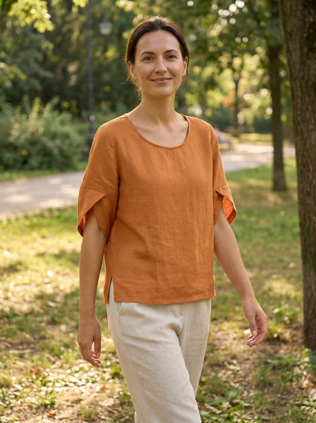 100% Linen Round Neck Petal-Sleeve Pullover