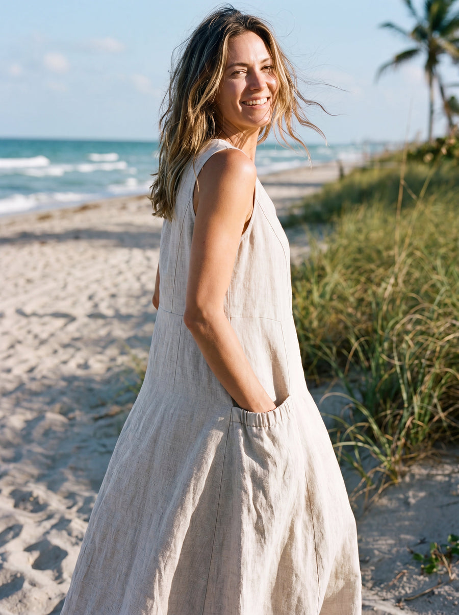 100% Linen A-Line Patch Pocket Midi Dress