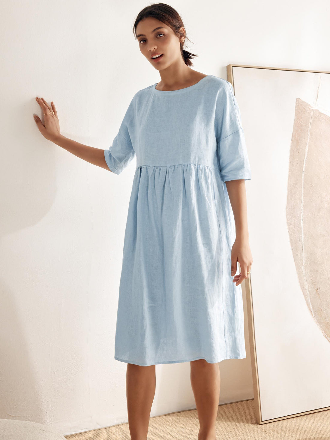 100% Linen Ruched Round-Neck Midi Dress