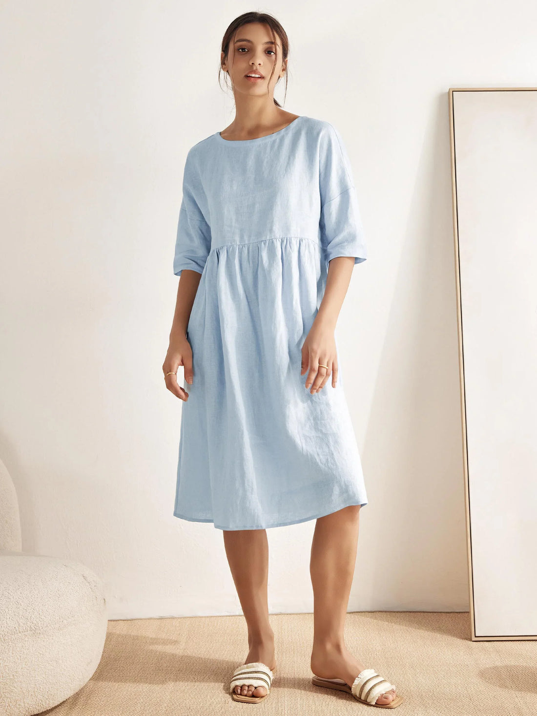 100% Linen Ruched Round-Neck Midi Dress