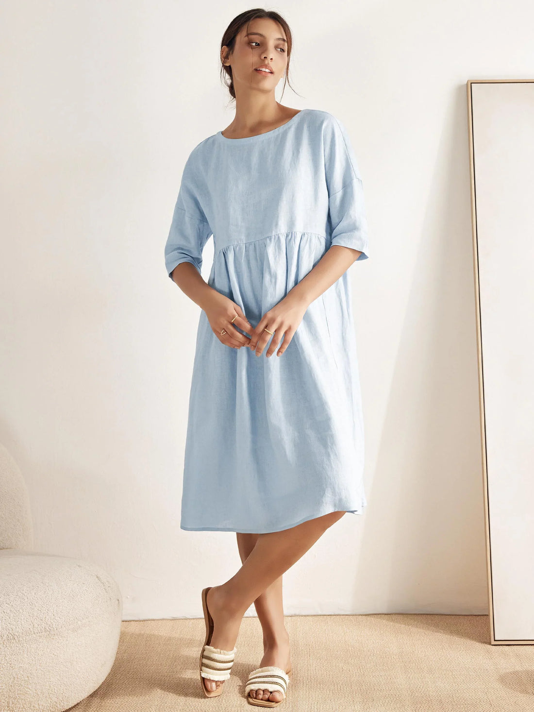 100% Linen Ruched Round-Neck Midi Dress