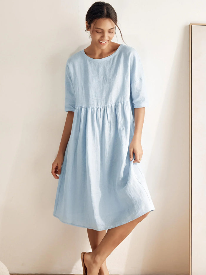 100% Linen Ruched Round-Neck Midi Dress