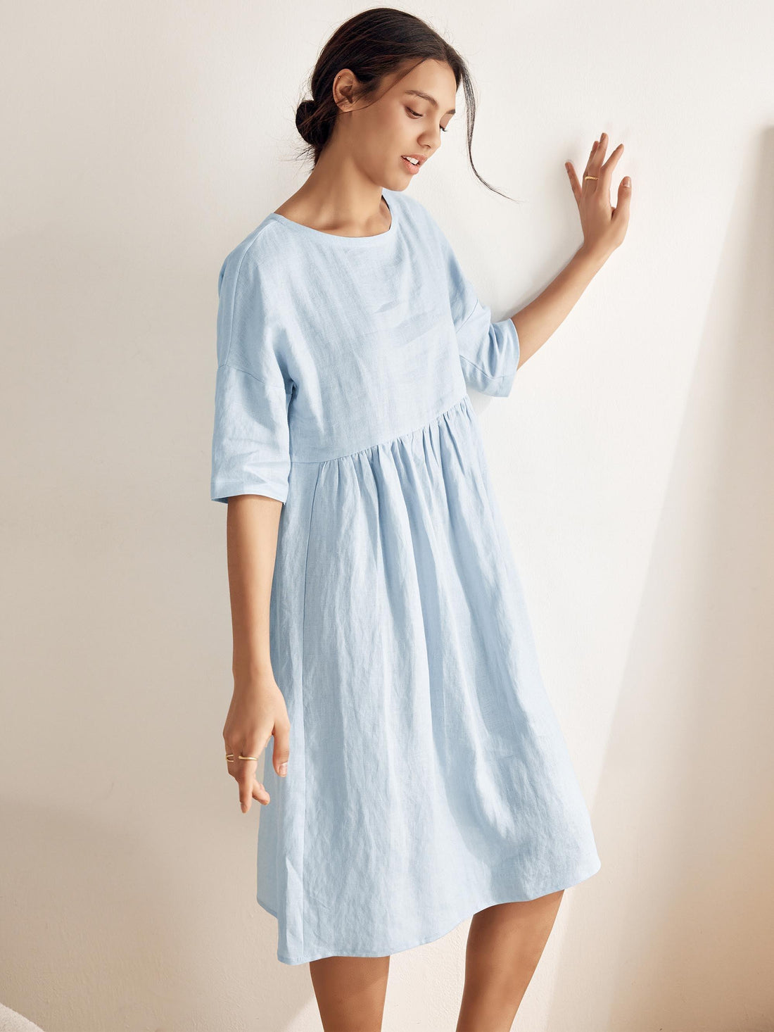 100% Linen Ruched Round-Neck Midi Dress