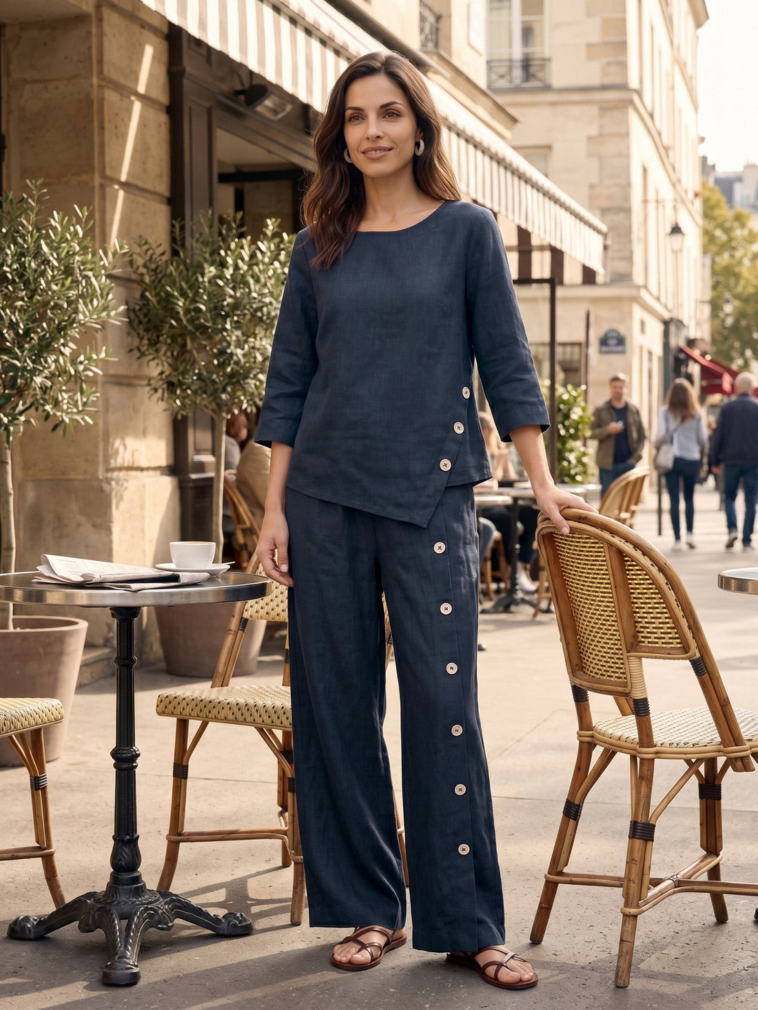 100% Linen Asymmetric-Hem Round Neck Blouse