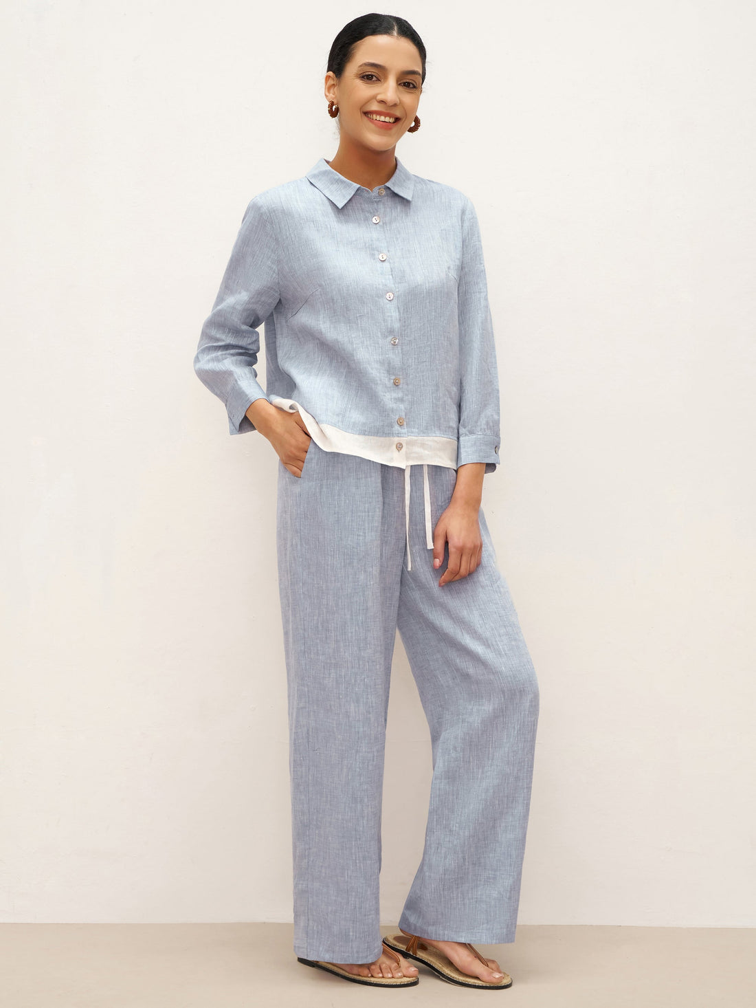 100% Linen Long-Sleeve Collared Shirt