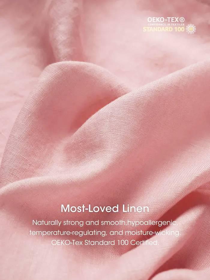 100% Linen Button-Waist Gathered V-Neck Midi Dress