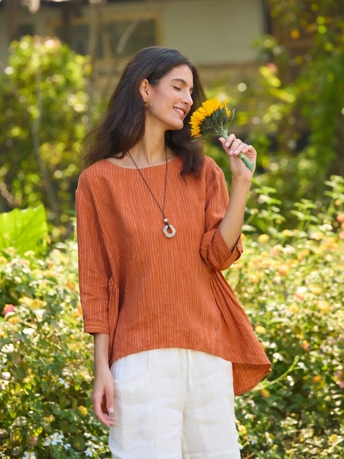 100% Linen Ruched Round Neck Blouse