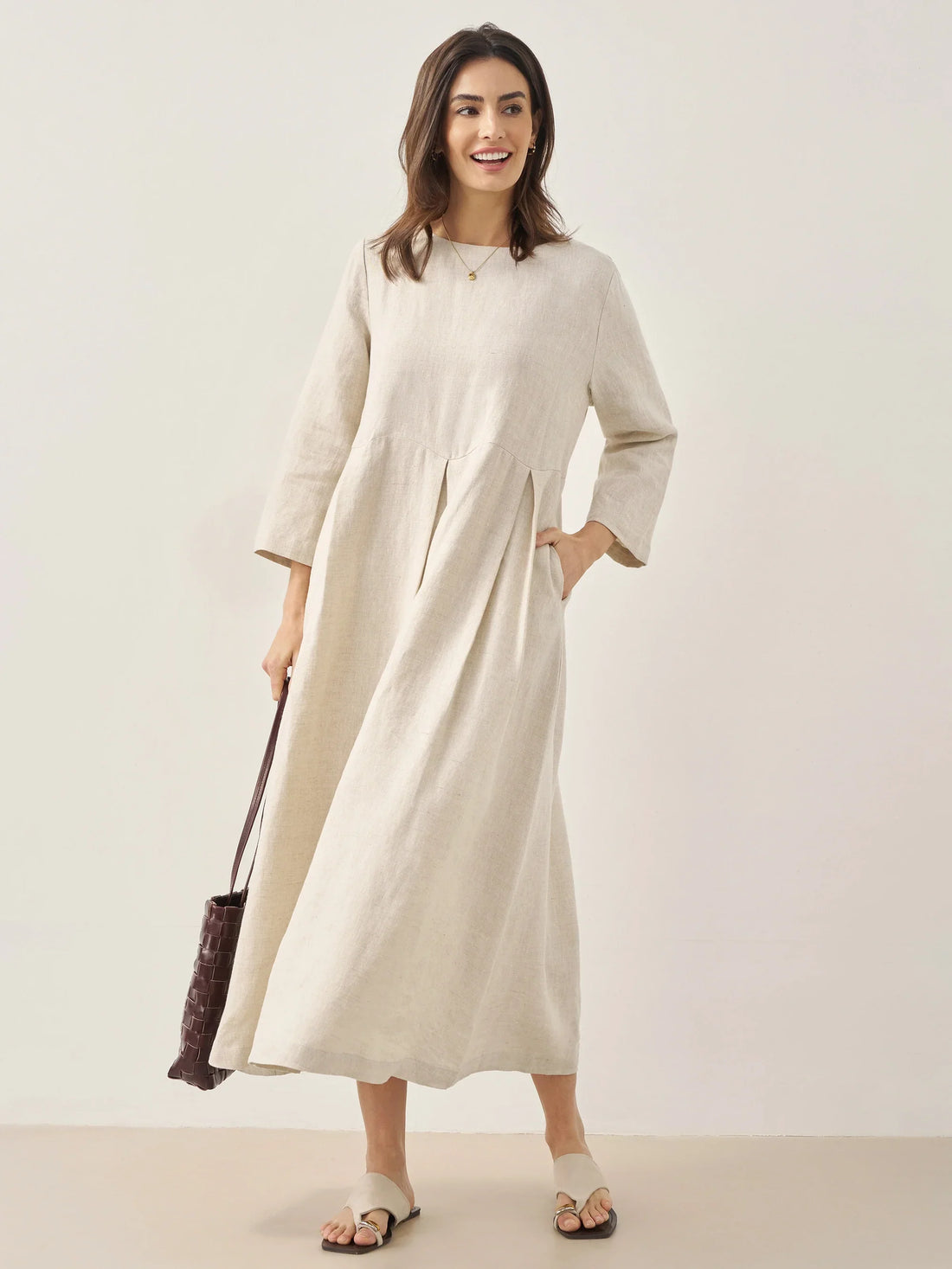100% Linen Ruched Three-Quarter Sleeve Midi Dress