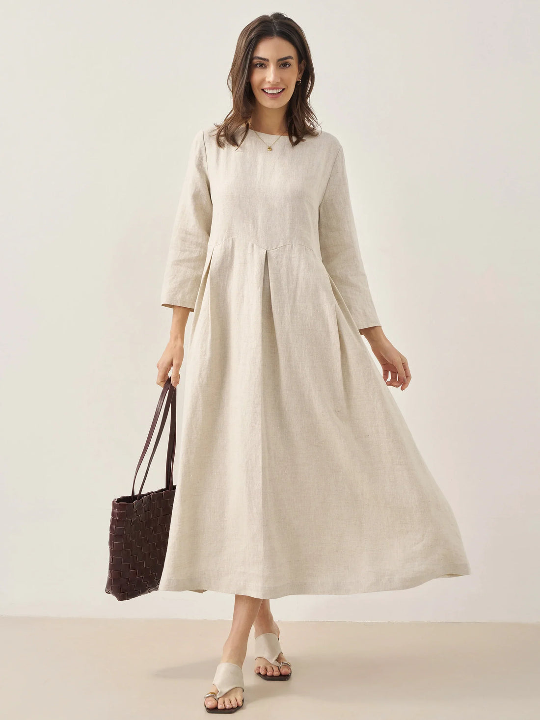 100% Linen Three-Quarter Sleeve Midi Dress