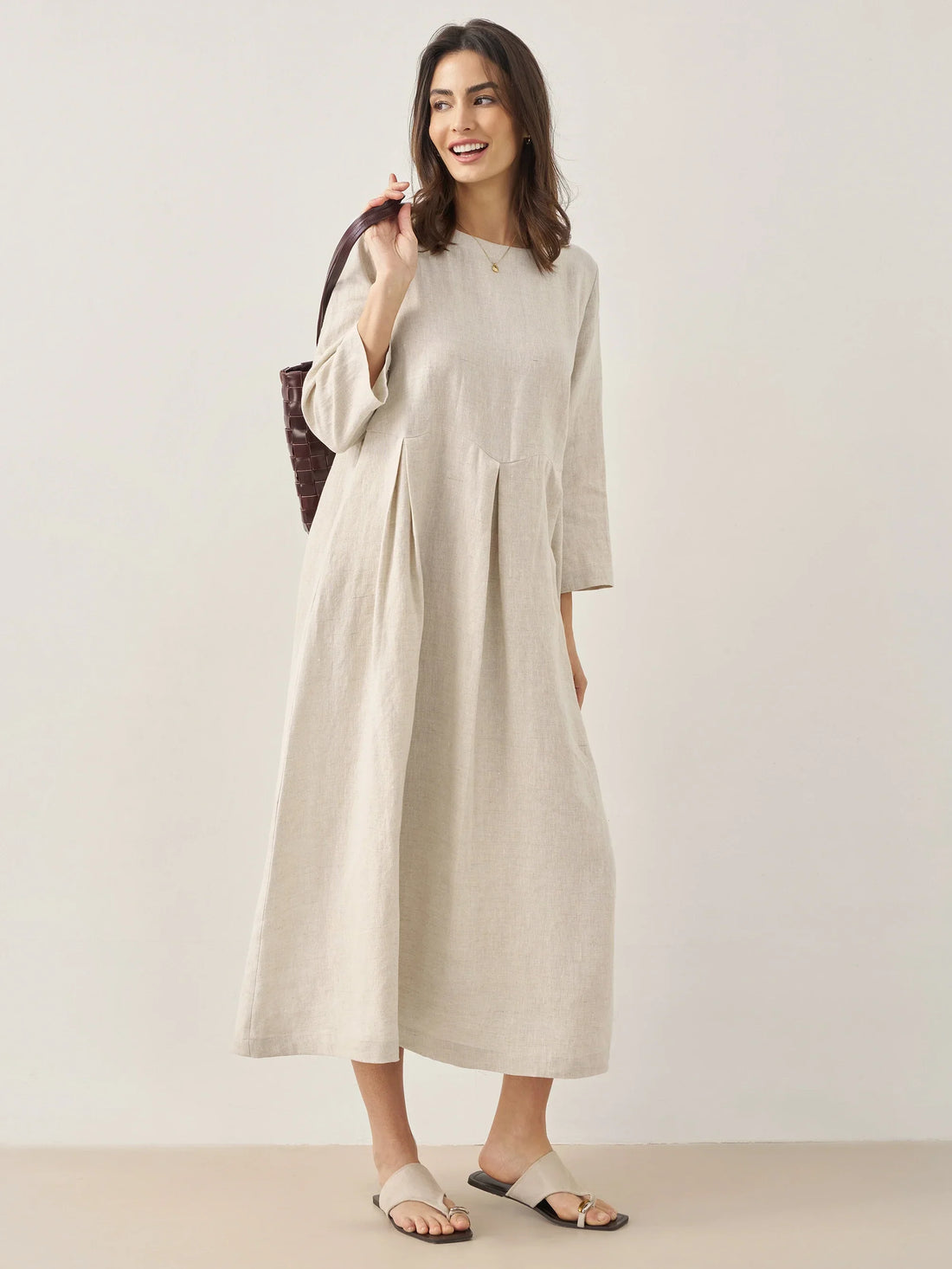 100% Linen Three-Quarter Sleeve Midi Dress