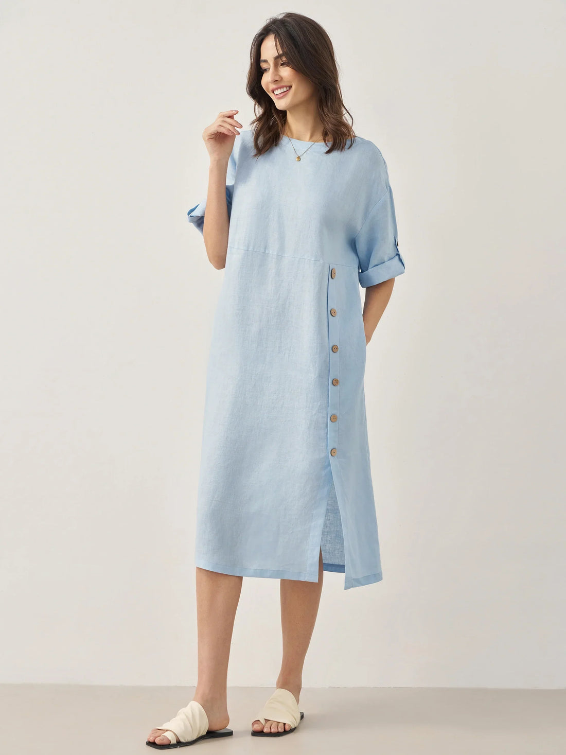 100% Linen Asymmetric Round Neck Midi Dress