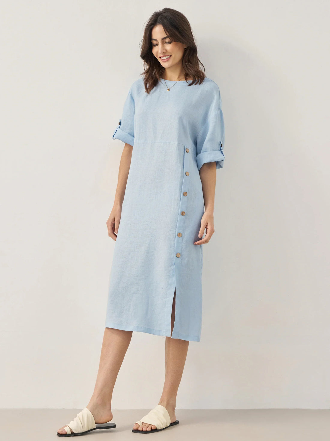 100% Linen Asymmetric Round Neck Midi Dress