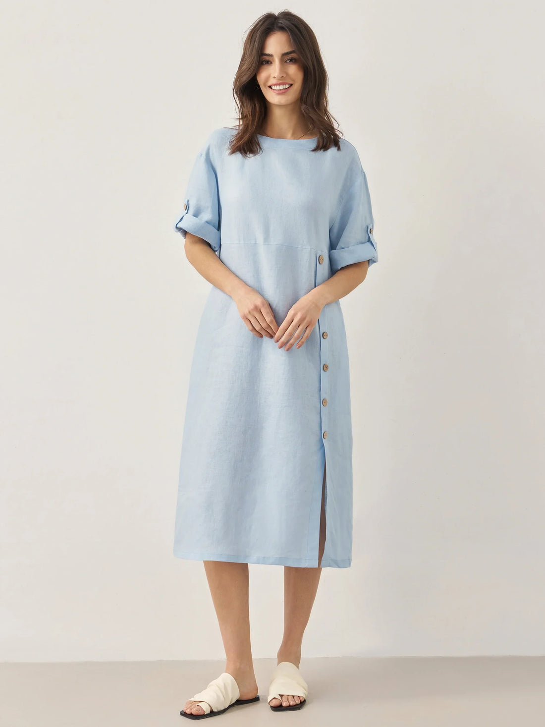 100% Linen Asymmetric Round Neck Midi Dress