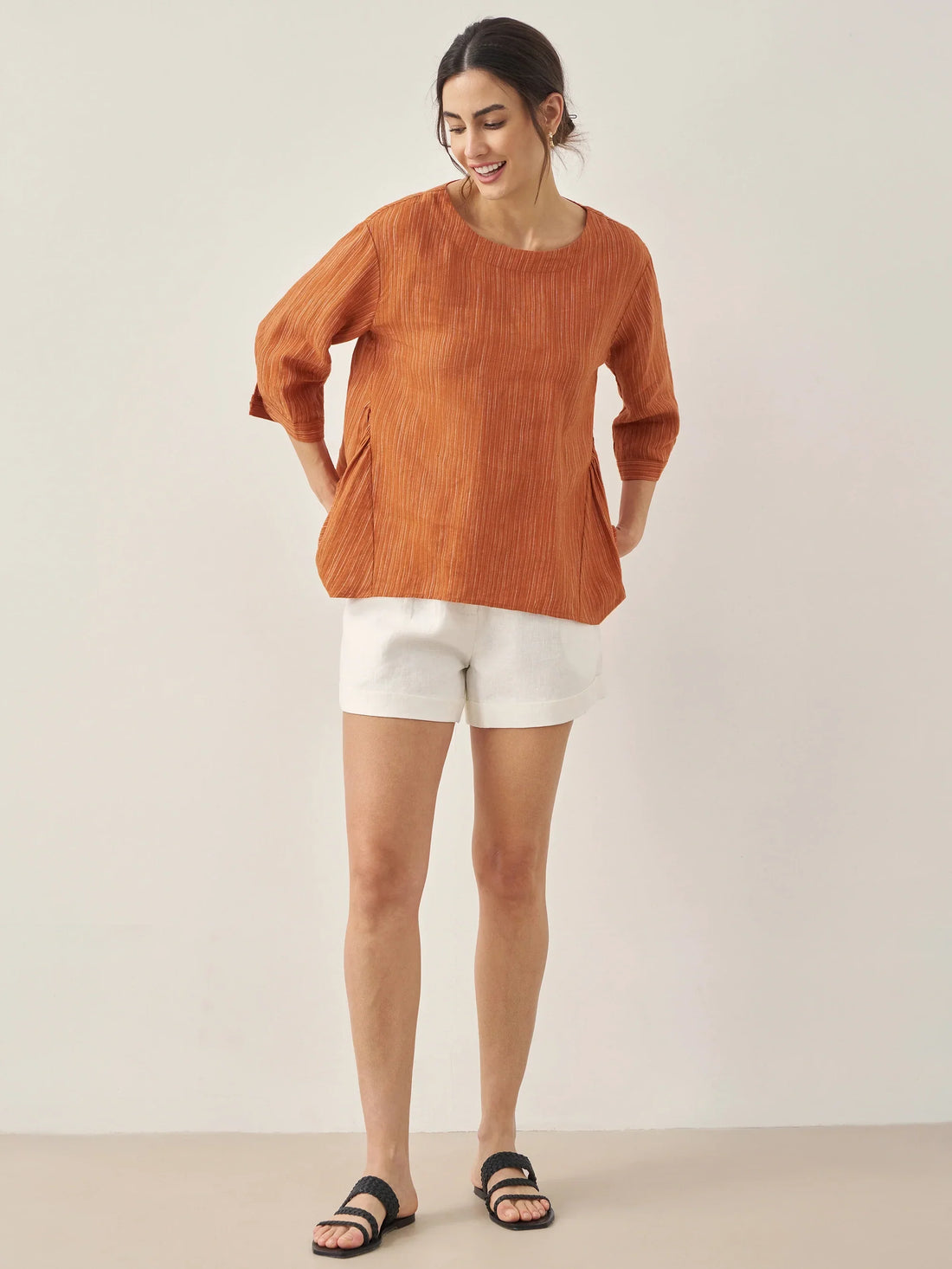 100% Linen Ruched Round Neck Blouse