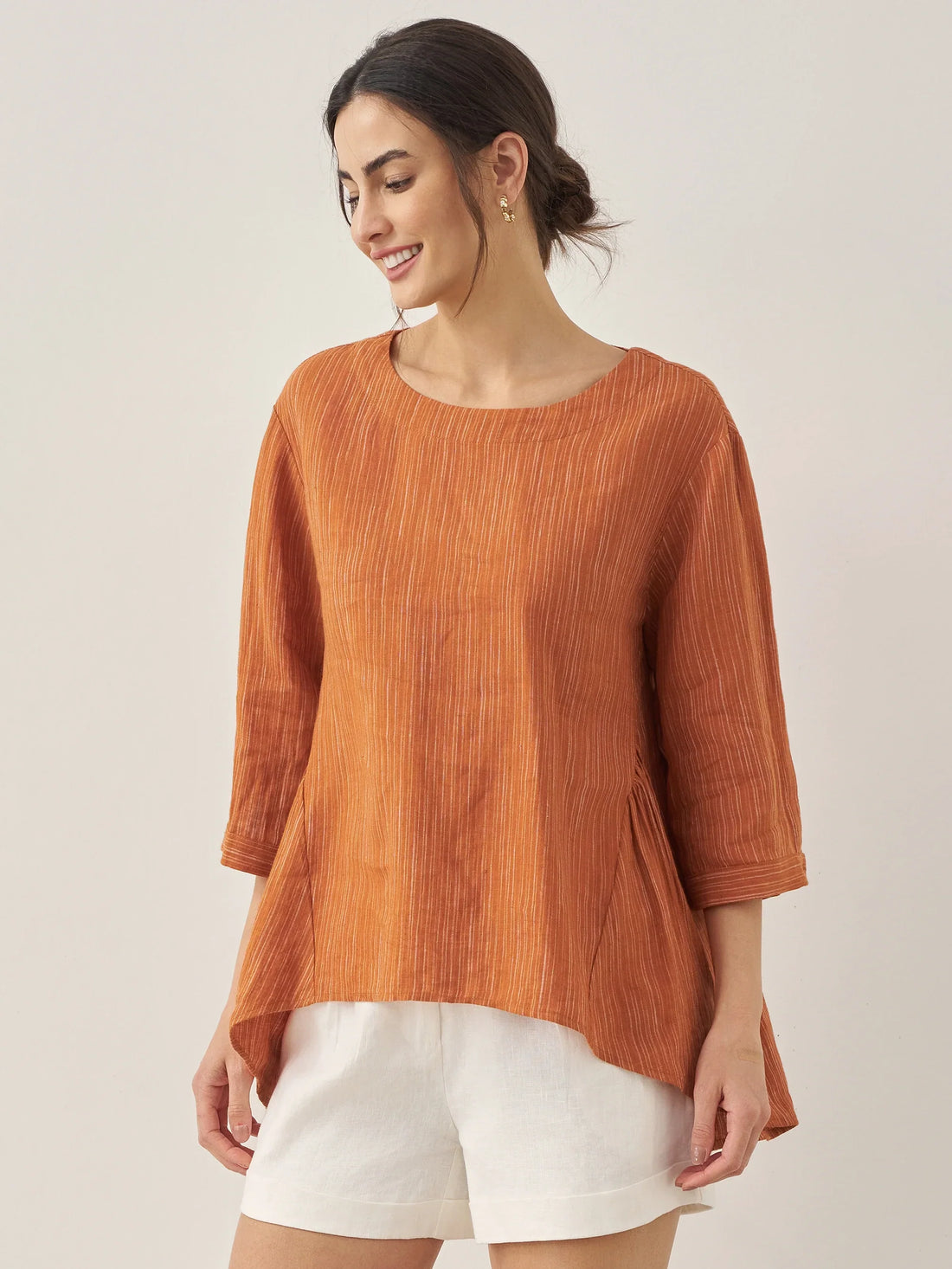 100% Linen Ruched Round Neck Blouse