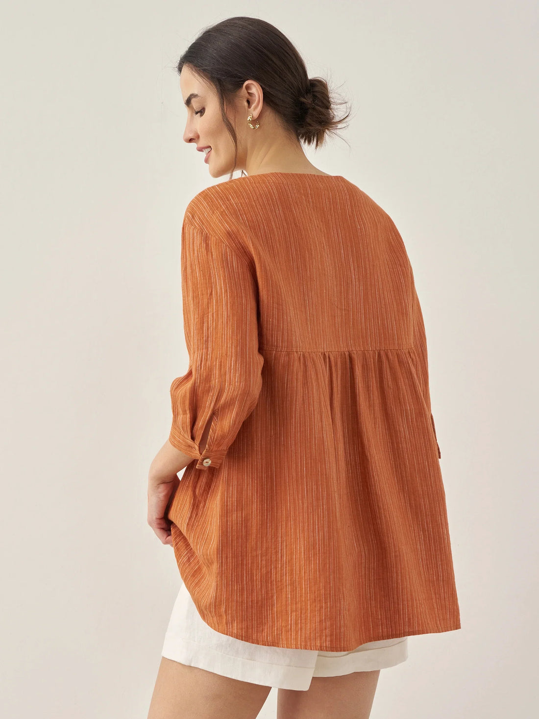 100% Linen Ruched Round Neck Blouse