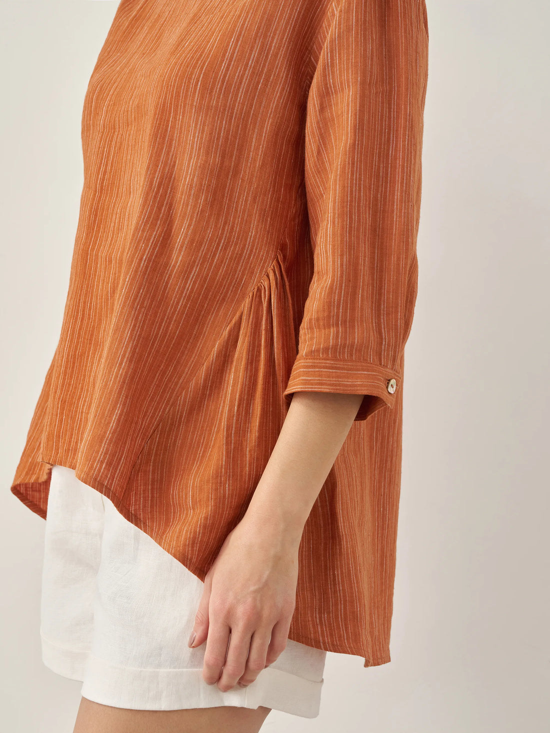 100% Linen Ruched Round Neck Blouse