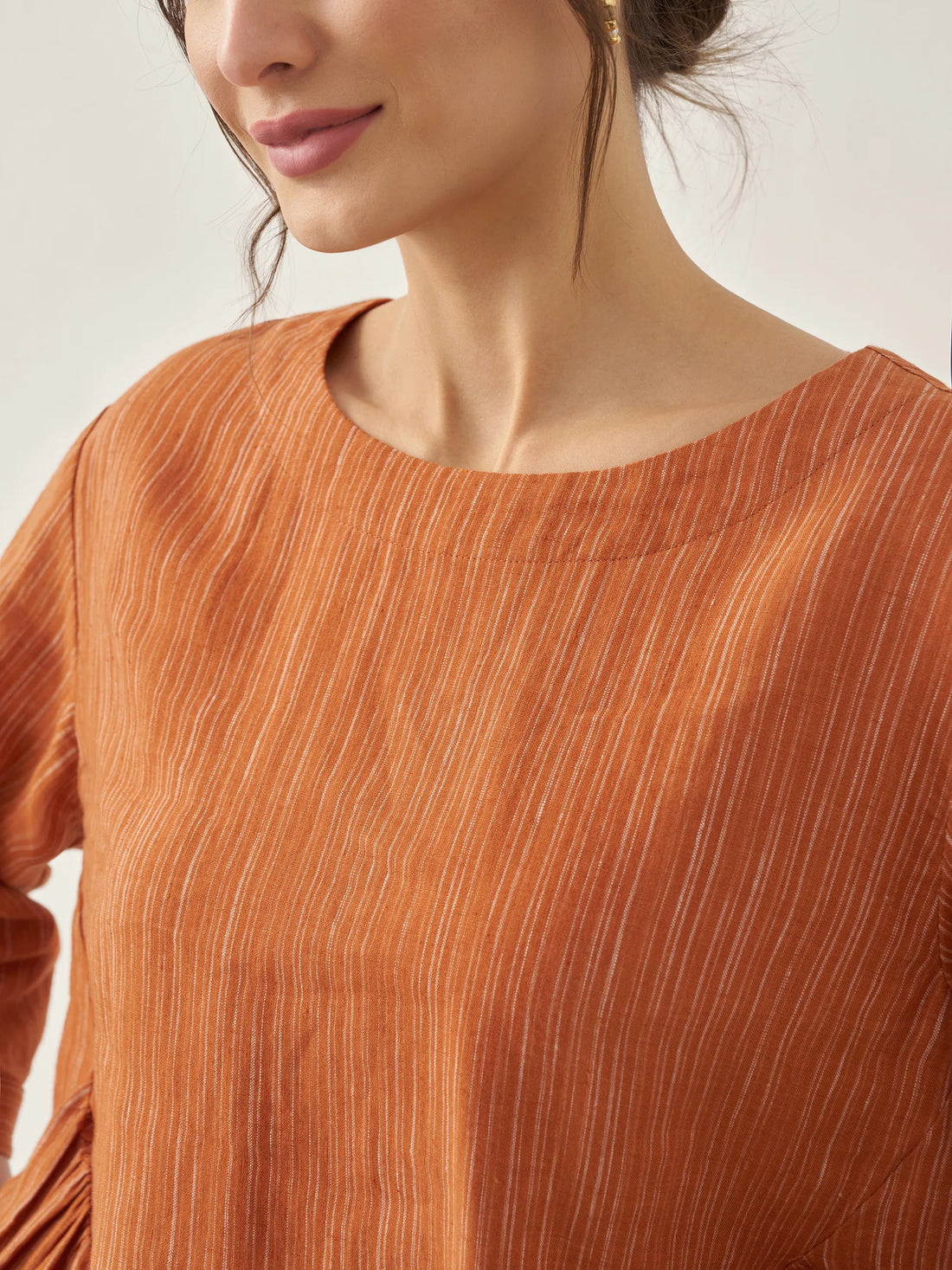 100% Linen Ruched Round Neck Blouse