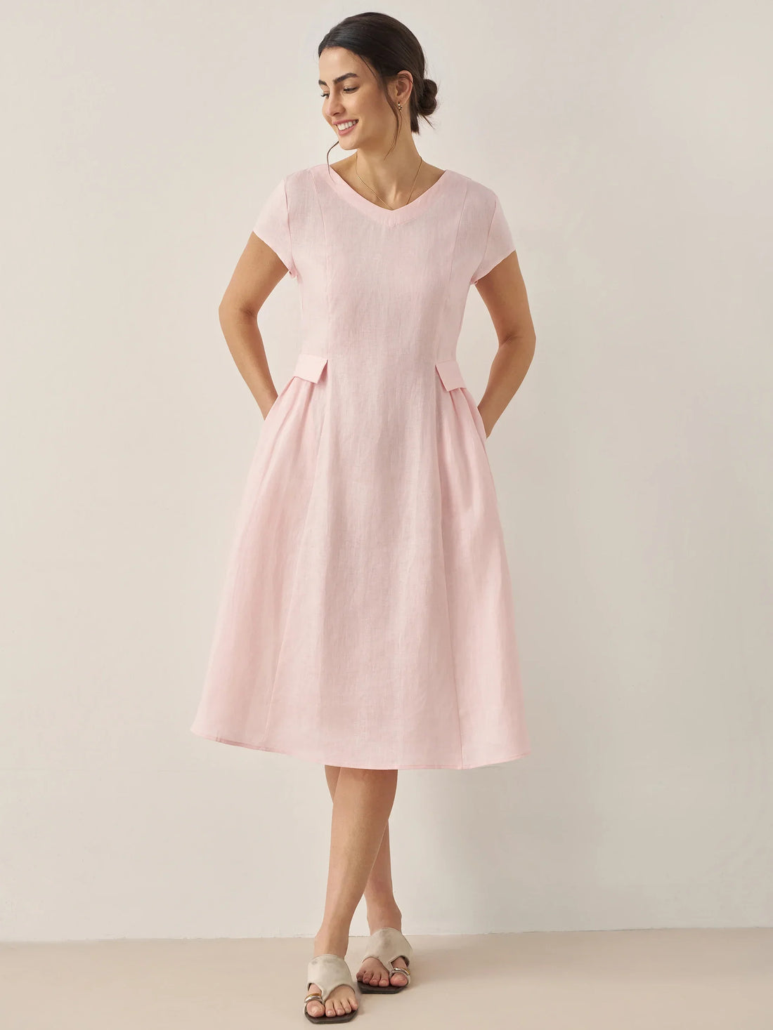 100% Linen Belted V-Neck Midi Dress