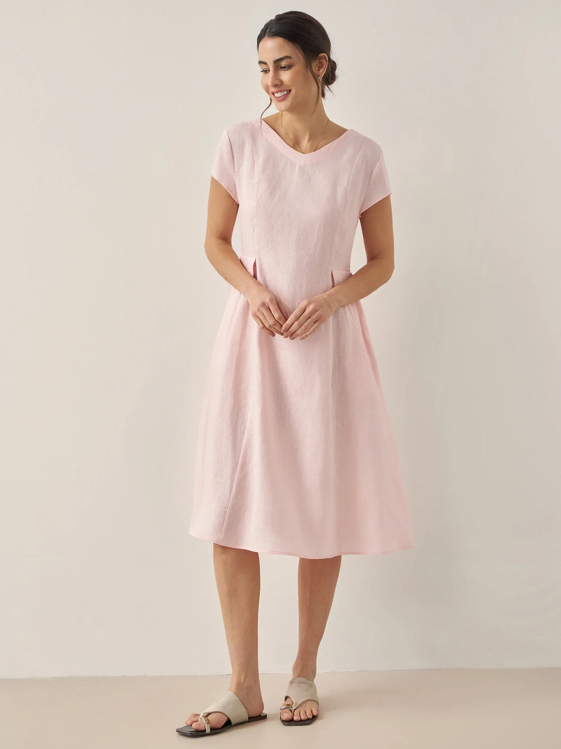 100% Linen Belted V-Neck Midi Dress