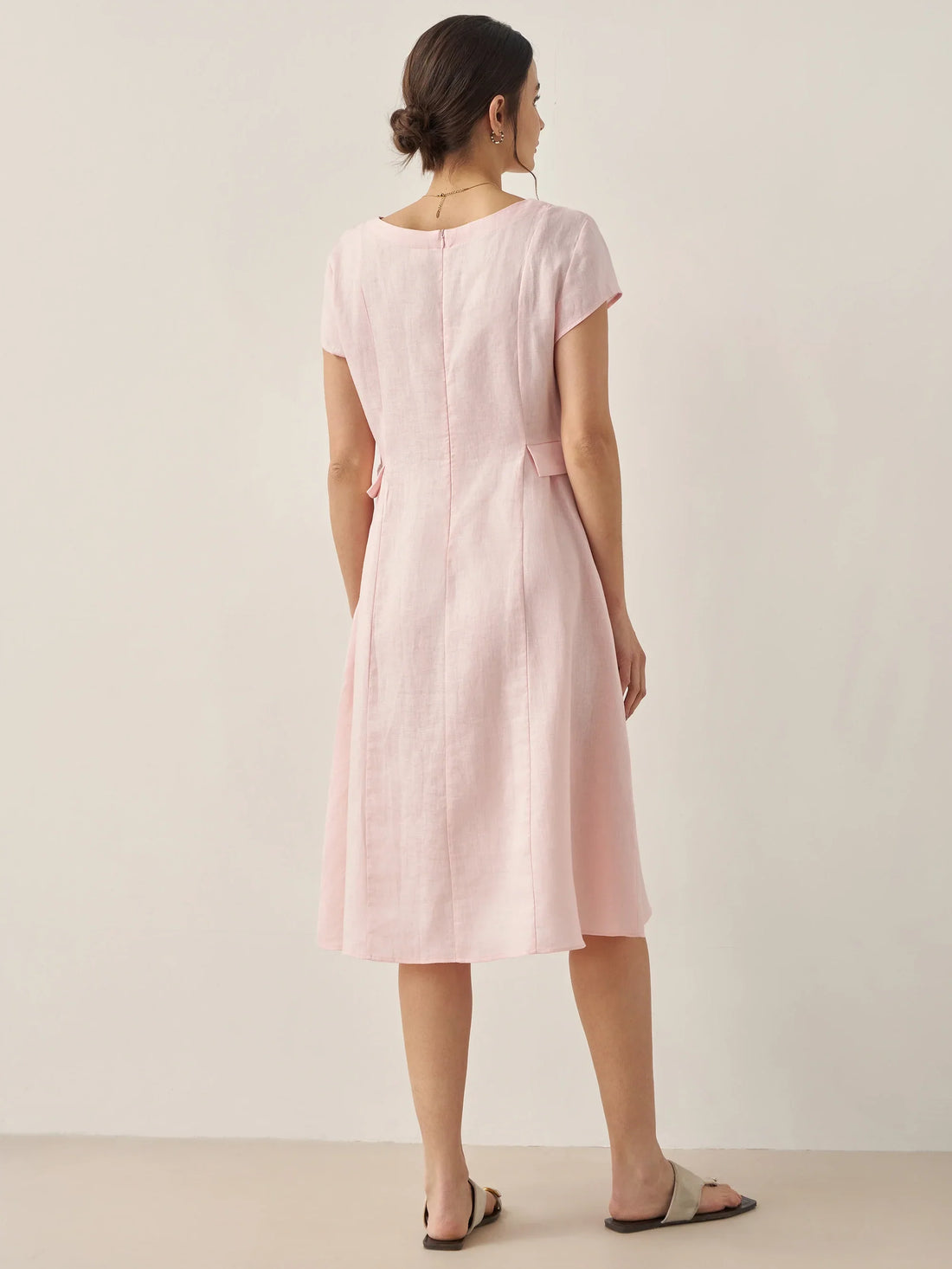 100% Linen Belted V-Neck Midi Dress